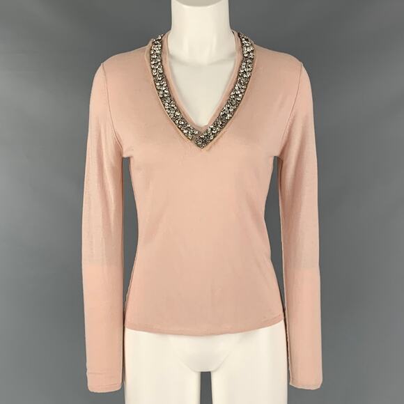 ROBERTO CAVALLI Size M Pink Cashmere Silk Rhinestones V-Neck Pullover - Picture 1 of 6